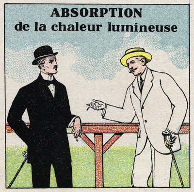 Strahlung und Leitfähigkeit: unterschiedliche Licht- und Wärmeabsorption je nach Farbe der Kleidung. Anonyme Illustration von 1925. Private Sammlung. von Anonymous Anonymous