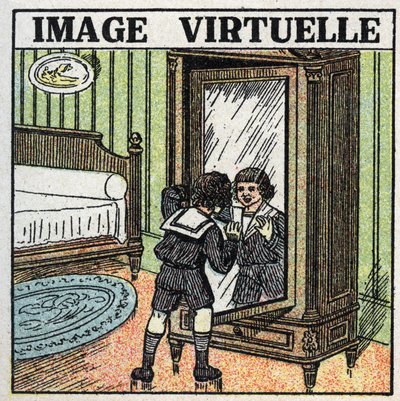 Lichtreflexion: virtuelles Bild. Ein Kind betrachtet sein Spiegelbild in einem Spiegel. Anonyme Illustration von 1925. Private Sammlung. von Anonymous Anonymous