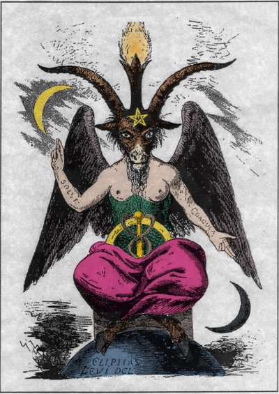 Darstellung des Baphomet: ein Monster mit einem Ziegenkopf und einem Frauenkörper mit alchemistischen Zitaten auf den Armen „solve“ und „coagula“, einem Laubbaum zwischen den Beinen und einem Pentagramm auf der Stirn. Der Teufel von Eliphas Levi (Alphonse  von Anonymous Anonymous