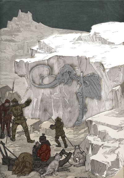 Suche nach Mammut-Fossilien-Elfenbein in Sibirien im 19. Jahrhundert. Gravur von 1885 in „Les arts et métiers illustrés“ von Adolphe Bitard. von Anonymous Anonymous