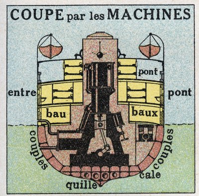 Schiffe und Schiffe: Querschnitt eines Schiffes mit Rädern durch Maschinen. Anonyme Illustration von 1925. Private Sammlung. von Anonymous Anonymous