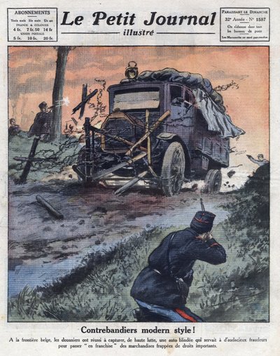 Schmuggler an Bord eines gepanzerten Autos, beladen mit Tabakpaketen, überquerten gewaltsam die belgische Grenze und wurden von Zollbeamten neutralisiert. Illustration aus „Le petit journal illustrious“ vom 22.05.1921. Private Sammlung von Anonymous Anonymous