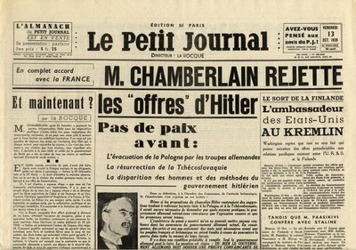DAS SMITTLE JOURNAL FREITAG 13. OKTOBER 1939 Neville CHAMBERLAIN (1869-1940) LEHNT die Angebote von Adolf Hitler AB von Anonymous Anonymous