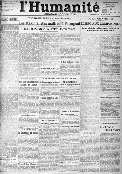 Der Putsch in Russland auf den Titelseiten der sozialistischen Zeitung Humanity. Schlagzeilen: Die Maximalisten in Petrograd, Kerensky wurde abgesetzt, 9.11.1917 von Anonymous Anonymous