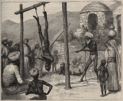 Der Fakir in Indien - Die Fakire (Faquir) in Indien - wurde an den Füßen an einer Holzstange aufgehängt - Gravur von 1892 in „Journal des voyages“. von Anonymous Anonymous