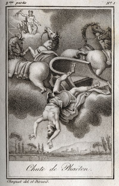 Der Sturz des Phaeton (Phaethon), unfähig, den Wagen des Helios zu kontrollieren, wurde von Zeus getroffen und fiel in den Eridanus-Fluss. Gravur von 1819 in „Lettres à Emilie sur la mythologie“ von Charles Albert Demoustier (1760-1801). Private Sammlung von Anonymous Anonymous