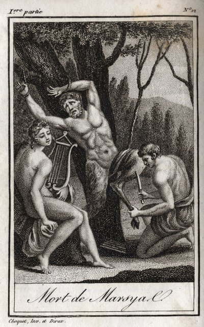 Die Bestrafung oder der Tod des Marsyas (Die Bestrafung des Marsyas) wird bestraft, weil er Apollo zur Lyra herausgefordert hat, und wird vom Bogenschützen in Anwesenheit von König Midas und den Musen gehäutet. Gravur von 1819 in „Lettres à Emilie sur la m von Anonymous Anonymous