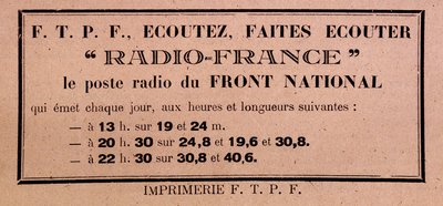 Flugblatt der FFI-FTPF, das zum Hören von Radio France aufruft, „der Radiosender der Front National“ von Anonymous Anonymous