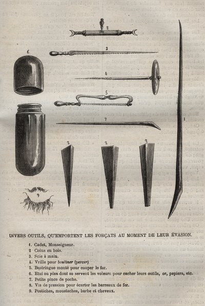 Verschiedene Werkzeuge, die die Sträflinge bei ihrer Flucht mitnehmen. Gravur in „Histoire des bagnes depuis leur création à nos jours“ (1877) von Pierre Zaccone (1817-1895). von Anonymous Anonymous
