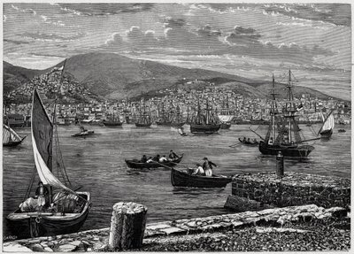 Ansicht der Insel Syra in Griechenland. Gravur in „Les Missions Catholiques au XIXème Siècle“ von Louis-Eugène Louvet. Private Sammlung. von Anonymous Anonymous