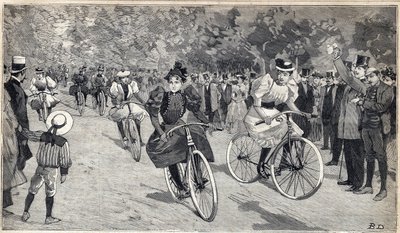 Frauenrennen der Velocipedisten im Bois de Boulogne bei Paris. Gravur in „Le Petit Parisien“ am 25.06.1893 von Anonymous Anonymous