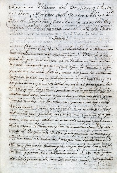 Politische Schriften von Antonio Perez (1540-1611). Spanischer Politiksekretär von König Philipp II. von Spanien. Ecuador, Quito. Politische Bibliothek von Ecuador von Aurelio Espinosa von Anonymous Anonymous