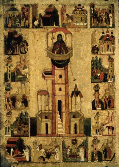 Heiliger Symeon der Stylit mit Szenen aus seinem Leben, 16. Jahrhundert von Anonymous Russian icon painter