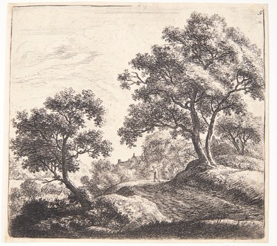 Bauer, der eine breite Landstraße überquert von Anthonie Waterloo