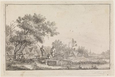 Drei Angler auf der Brücke (Nr. 7 aus einer Serie von 12 Drucken) von Anthonie Waterloo