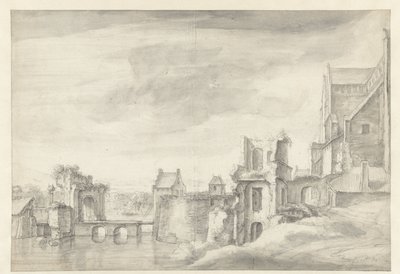 Ansicht von Ruinen an einem Flussufer (St. Walburgiskirche in Arnheim?) von Anthonie Waterloo