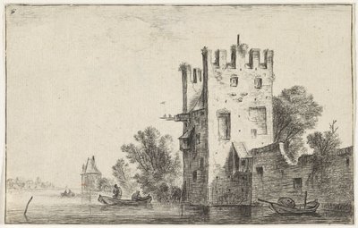 Quadratischer Turm am Wasser von Anthonie Waterloo