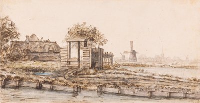Ein Bauernhof an einem Gewässer bei einem Dorf von Anthonie van Borssom