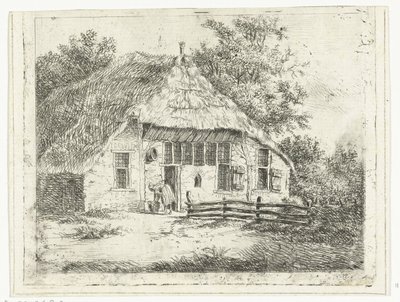 Frau, die sich bei einem Korb vor einem Haus in Staphorst vorbeugt von Anthonie van den Bos