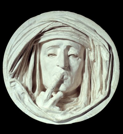Schweigen. Symbolische Geste eines Mannes, der einen Finger auf seinen Mund legt. Gipsplastik von Auguste Preault (1809-1879) 19. Jahrhundert Paris, Louvre Museum von Antoine Augustin Preault