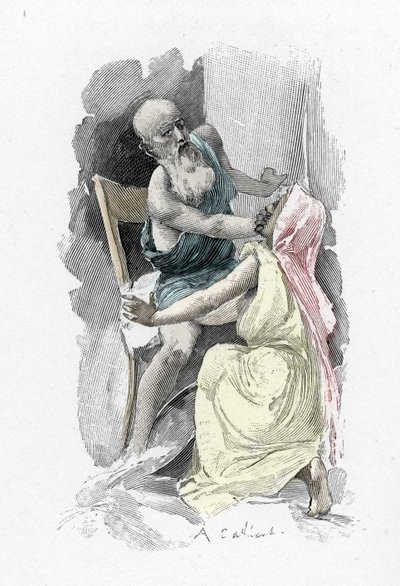 Odyssee von Homer: Gesang 19 „Odysseus, verkleidet als Bettler, schwört Eurykleia, die ihn erkannt hat, zur Geheimhaltung“ Illustration von Antoine Calbet von Antoine Calbet