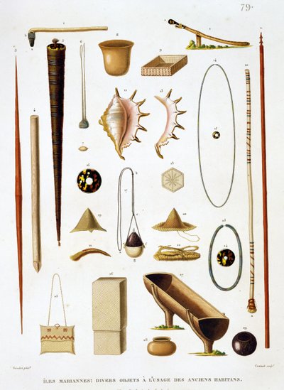 Haushaltsutensilien und Waffen von den Marianeninseln, aus Voyage autour du Monde (1817-20), von Louis Claude Desaulses de Freycinet, graviert von Jean Louis Denis Coutant, veröffentlicht 1824 von Antoine Germain Bevalet