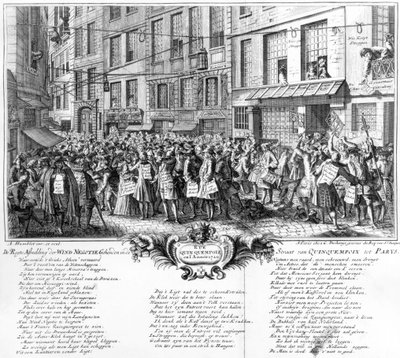 Investoren vor dem Hauptsitz der Banque Royale in der Rue Quincampoix, Paris, 1720 von Antoine Humblot