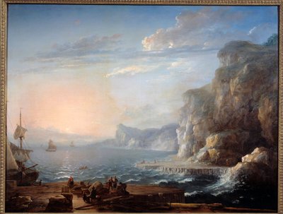Sonnenuntergang Eine Landschaft mit Klippen und Felsen am Meer, mit Fischern im Vordergrund. 18. Jahrhundert von Antoine Lebel