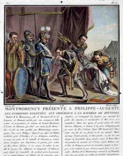 Montmorency wird Philipp Augustus (1165-1223) nach der Schlacht von Bouvines vorgestellt, graviert von Jean Baptiste Morret von Antoine Louis Francois (after) Sergent Marceau