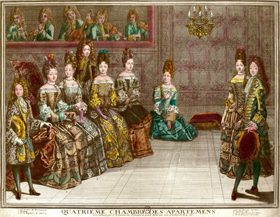 Tanz im vierten Schlafzimmer der Wohnungen der Familie von Ludwig XIV. (1638-1715) während der Abende des Apartments in Versailles um 1696 von Antoine Trouvain