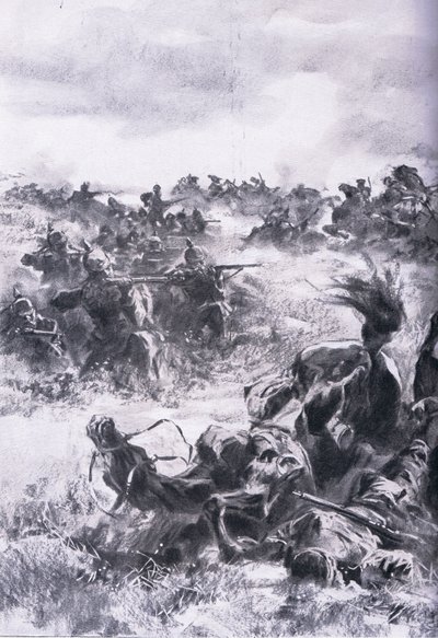 Niederlage der 14. russischen Kavalleriebrigade bei Praszysz, aus Die illustrierte Geschichte des Weltkriegs 1914-1915, veröffentlicht von Union Berlagsefellfchaft von Anton Hoffman