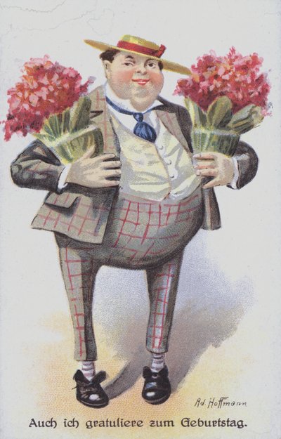 Geburtstagskarte mit einem Mann, der Blumensträuße trägt von Anton Hoffmann