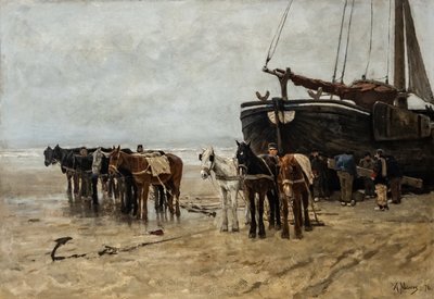 Bomschuit mit Schlepppferden am Strand von Scheveningen von Anton Mauve