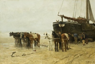Bomschuit mit Schlepppferden am Strand von Scheveningen von Anton Mauve