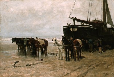 Bomschuit mit Schlepppferden am Strand von Scheveningen von Anton Mauve