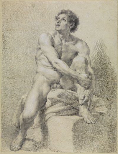 Sitzender männlicher Akt, etwa frontal, das linke Bein hochgestellt und mit beiden Händen gehalten von Anton Raphael Mengs