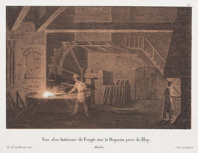 Innenansicht einer Schmiede bei Huy, Belgien, graviert von Jean-Baptiste Jobard von Anton de after Howen