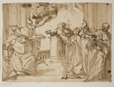 Vier Dogen und ein Mann in einem Mantel mit der Dogenkappe in den Händen, mit der Verkündigung (?) im Hintergrund von Antonio Aliense