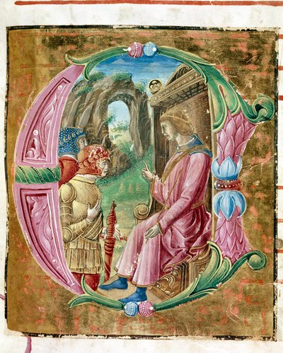 Herodes I. der Große befiehlt das Massaker an unschuldigen Lettrinen, illuminiert von Antonio Cicognari. Detail eines Antiphonars. 1483. Cremone, choral 4, capitolo del duomo von Antonio Cicognara