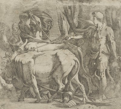 Kadmos pflügt das Feld, auf dem er die Drachenzähne gesät hat, 1540-45 von Antonio Fantuzzi