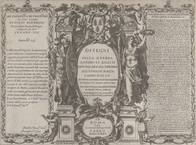 Frontispiz für Zeichnungen des Krieges, Belagerung und Angriff der türkischen Armee auf die Insel..., 1631 von Antonio Francesco Lucini