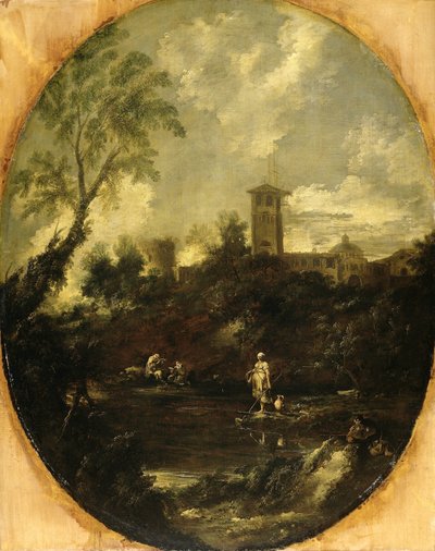 Landschaft mit Mönchen, Pilger und Bäuerin von Antonio Francesco Peruzzini (attributed to)