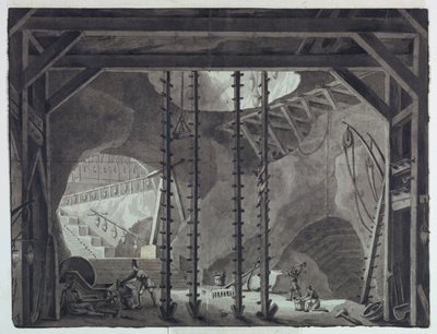 Bühnenbild, Männer bauen Gebäude in einer Höhle von Antonio Giuseppe Basoli