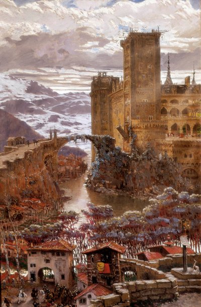 Ansicht eines romantischen Schlosses. Gemälde von Antoni Munoz i Degrain (1841-1924). Anfang des 20. Jahrhunderts. Valencia. Museum der Schönen Künste San Pio V. von Antonio Munoz Degrain
