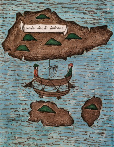 Islas de los Ladrones (heute Marianeninseln), kolorierter Holzschnitt aus Relazione del primo viaggio intorno al mondo con Ferdinando Magellano von Antonio Pigafetta
