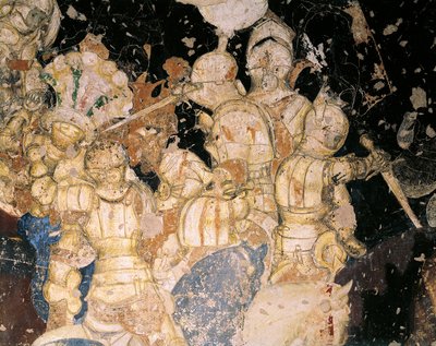 Turnier-Schlacht von Louvezerp, von Antonio Pisano, bekannt als Pisanello (vor 1395-ca. 1455), Fresko. (Detail) von Antonio Pisanello
