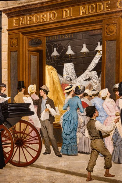 Die Epoche, Detail von Frauen, die ein Schaufenster betrachten, ein Stadtausrufer und ein Junge von Antonio Puccinelli