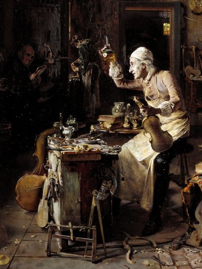 (Detail) Der italienische Geigenbauer Stradivari (Antonio Stradivari) (1644-1737) in seiner Werkstatt von Antonio Rinaldi