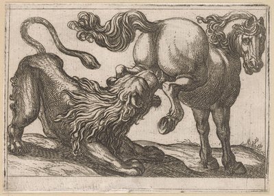 Ein Pferd tritt einen Löwen von Antonio Tempesta