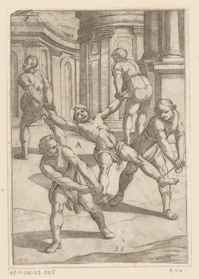 Vier Männer ziehen an den Gliedmaßen eines Heiligen von Antonio Tempesta